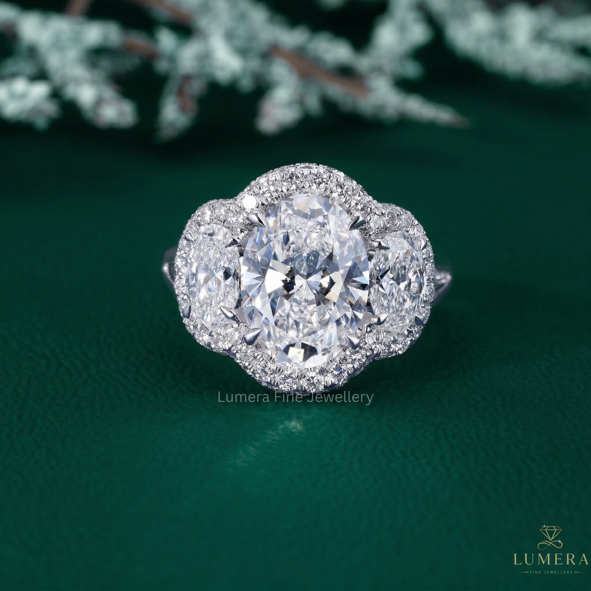 three stone engagement ring with oval cut side stones.