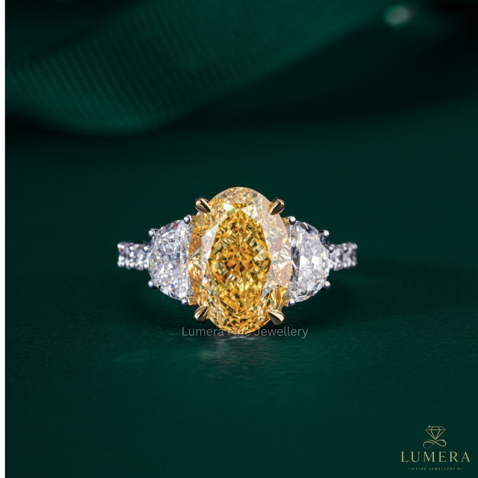 3.00 CT Yellow Oval Cut Pave, side Half moon Two-Stone Engagement Ring