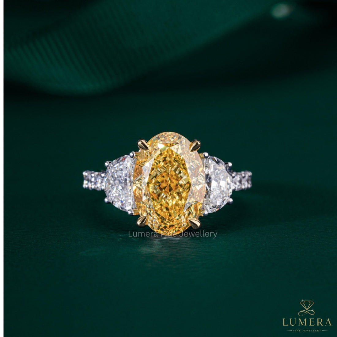 3.00 CT Yellow Oval Cut Pave, side Half moon Two-Stone Engagement Ring