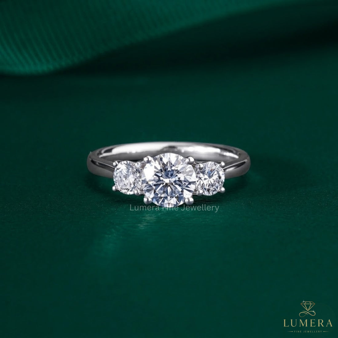 three stone engagement ring on solid gold ring.
