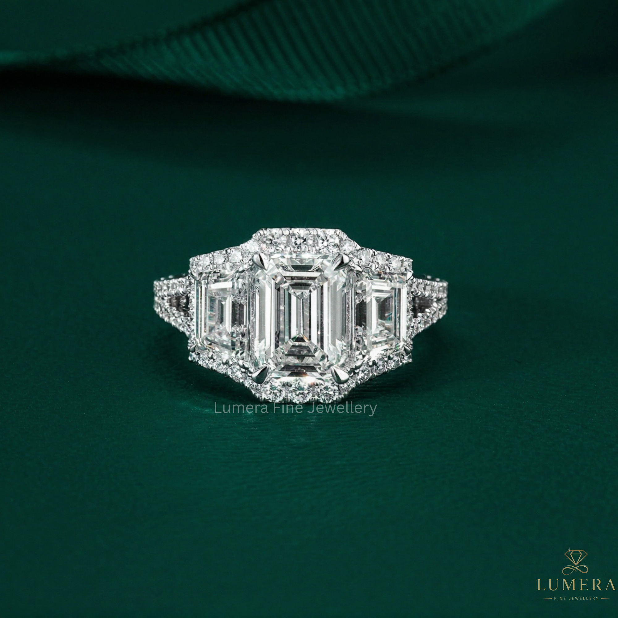 Emerald cut engagement ring with emerald cut three stone ring.
