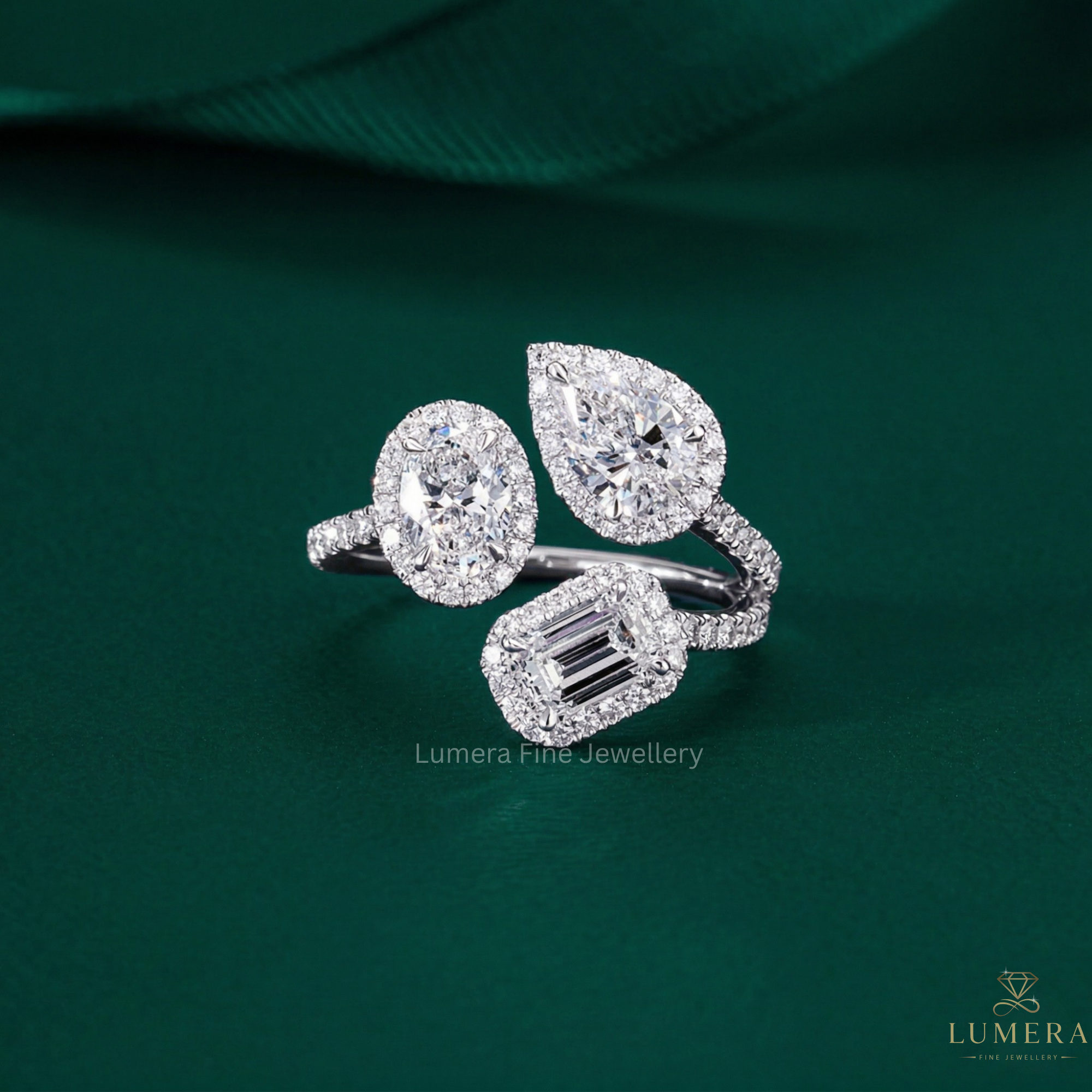 three stone engagement ring with past present future ring.