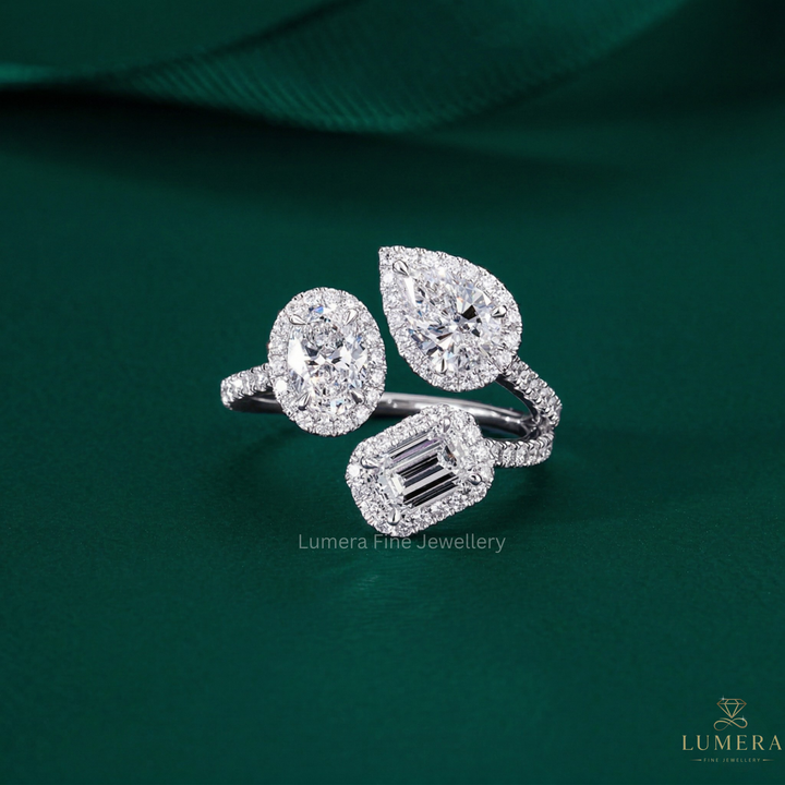 three stone engagement ring with past present future ring.