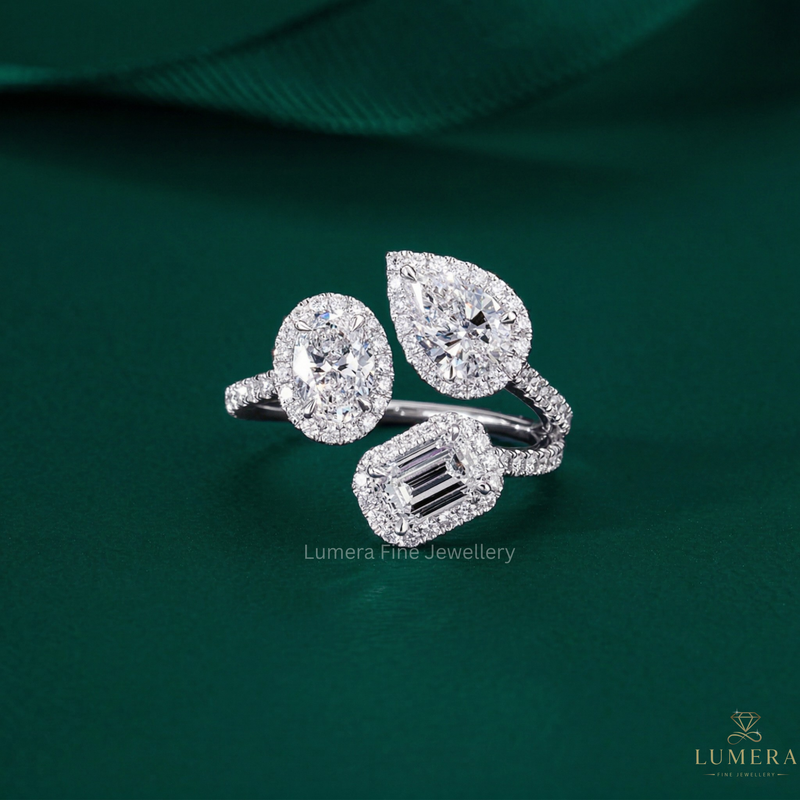 three stone engagement ring with past present future ring.