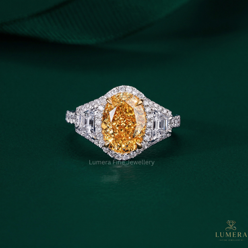 Three Stone Oval Yellow Diamond Ring In Trapezoid Side Stones