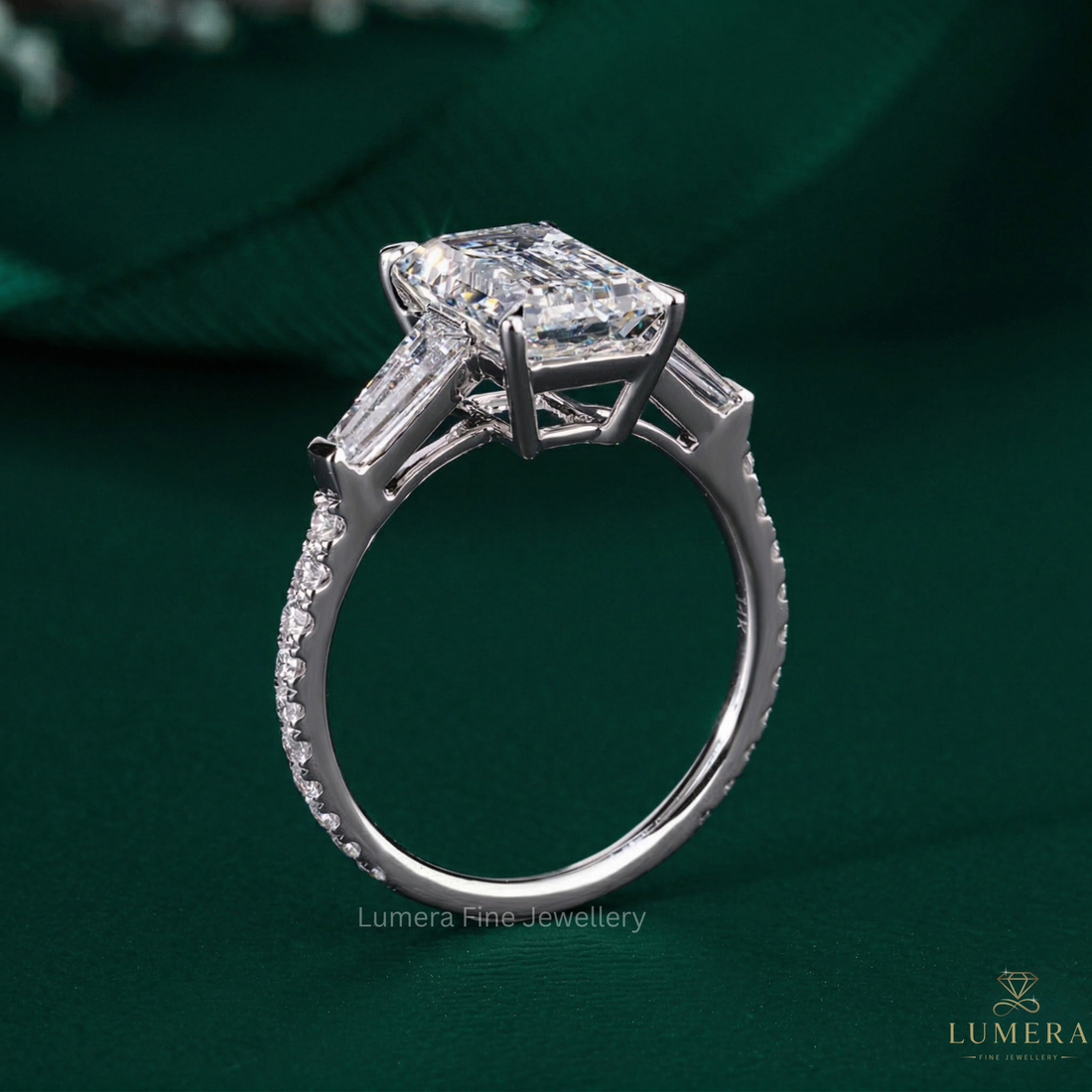 emerald cut engagement ring with emerald diamond ring.
