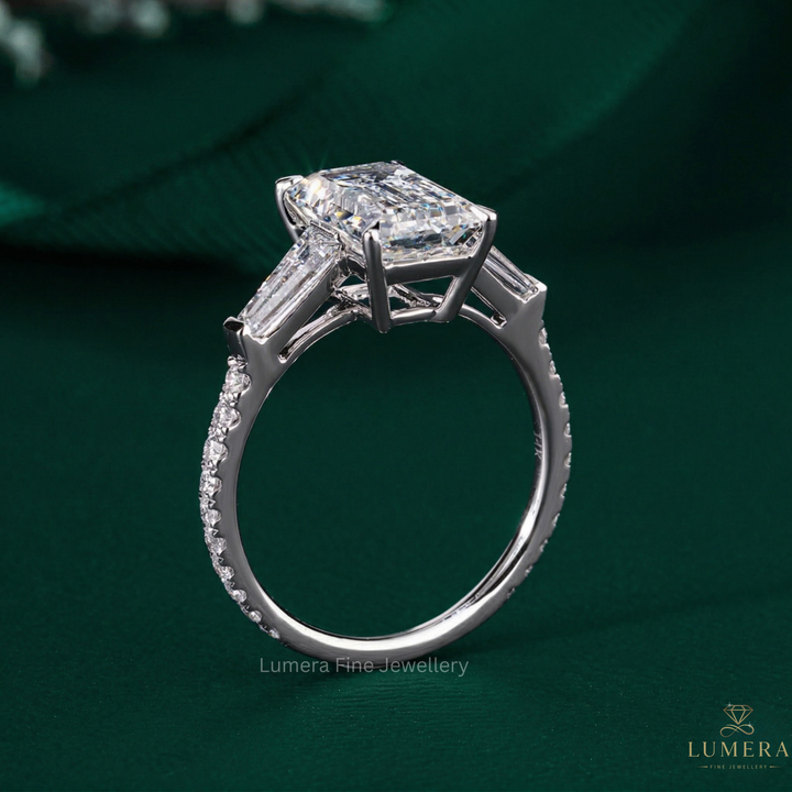 emerald cut engagement ring with emerald diamond ring.

