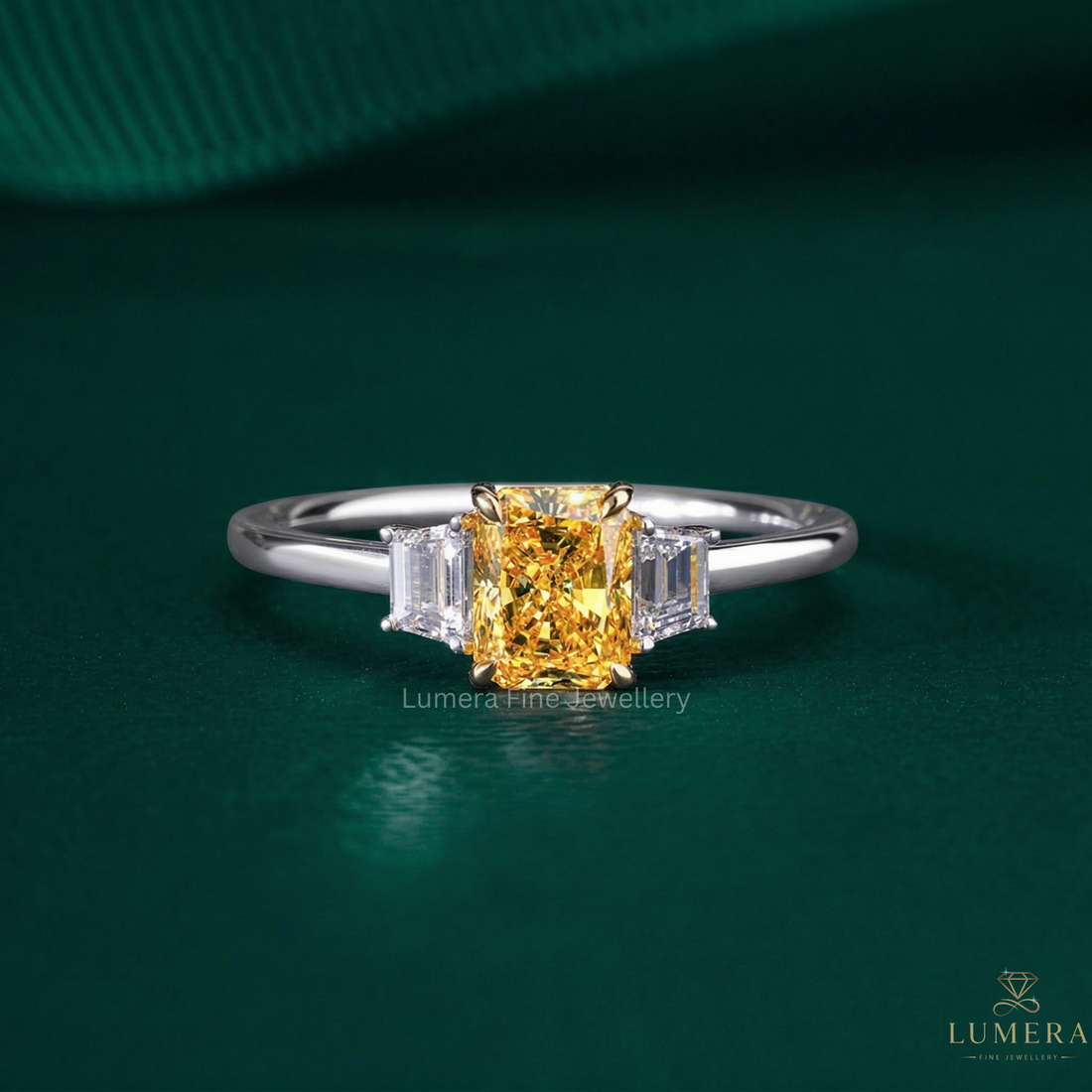 radiant engagement ring with three stone engagement ring.