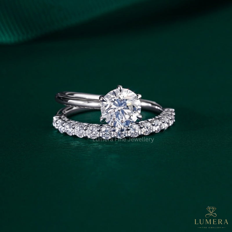 round diamond engagement ring with two row ring.