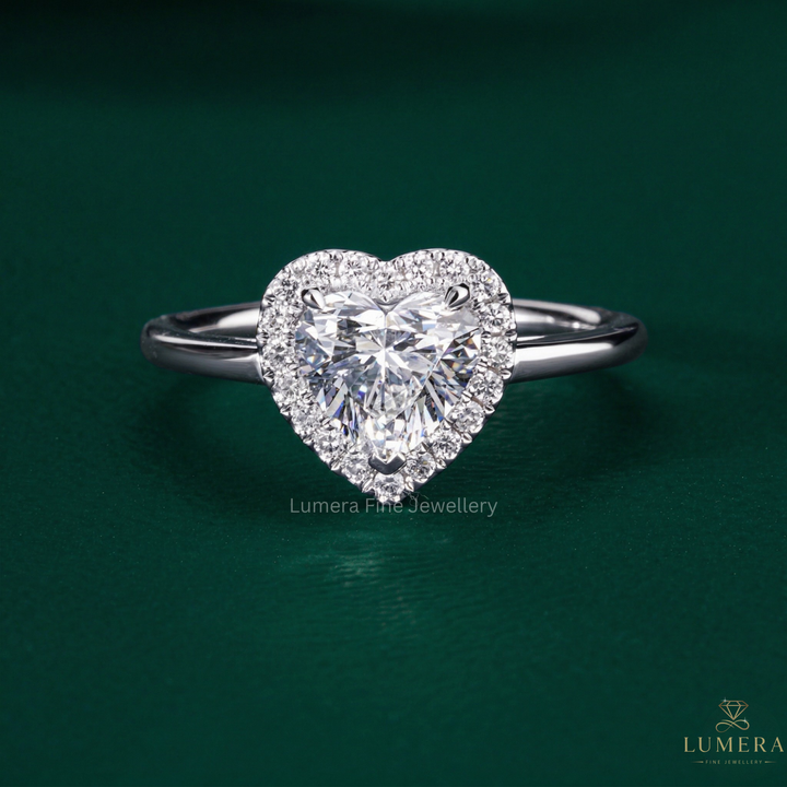 heart shaped engagement ring with halo engagement ring.
