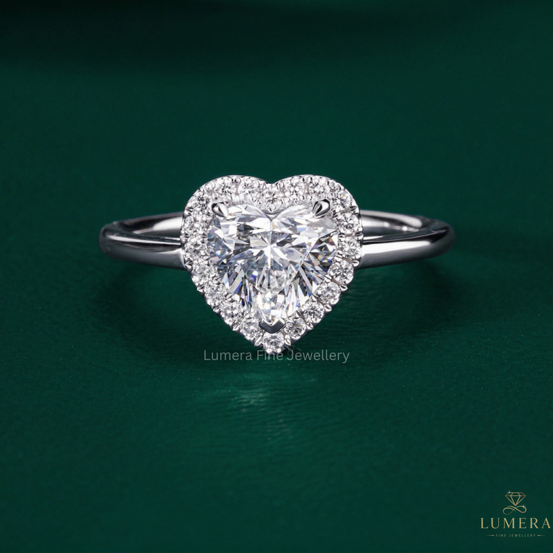 heart shaped engagement ring with halo engagement ring.
