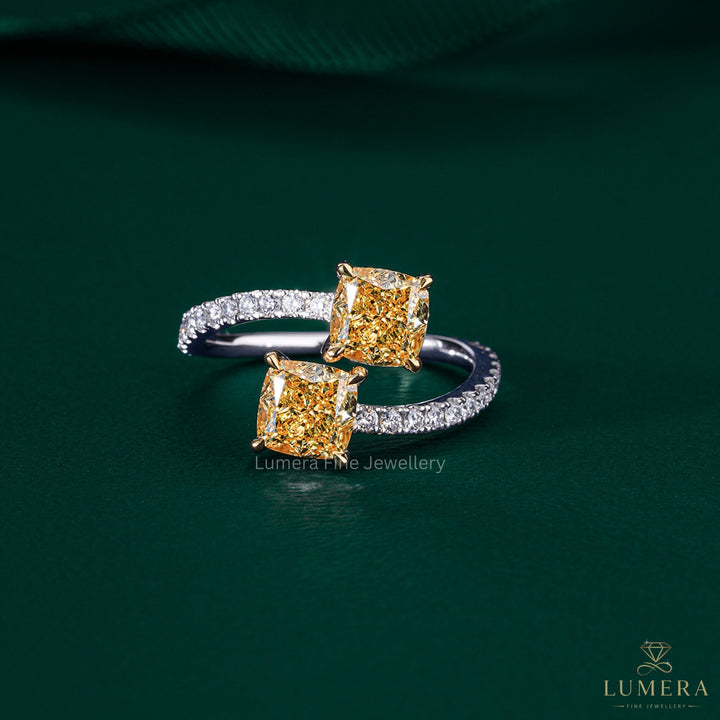 cushion cut ring with toi et moi engagement ring.