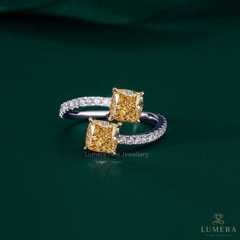 cushion cut ring with toi et moi engagement ring.