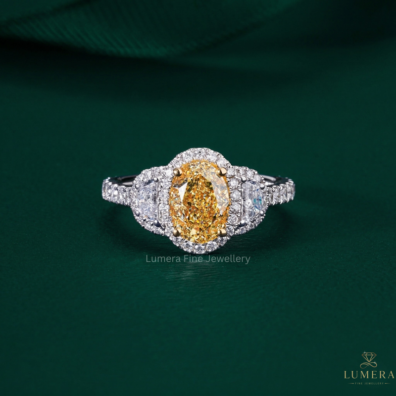 Oval Cut Yellow Diamond Ring With Half Moon Side Stone