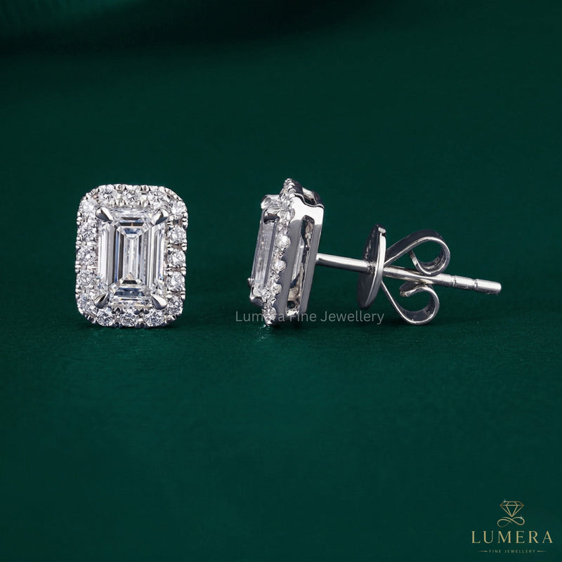 halo earrings with emerald diamond earrings.
