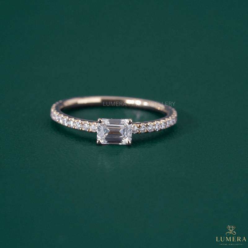 Emerald pave engagement ring with gift for her.