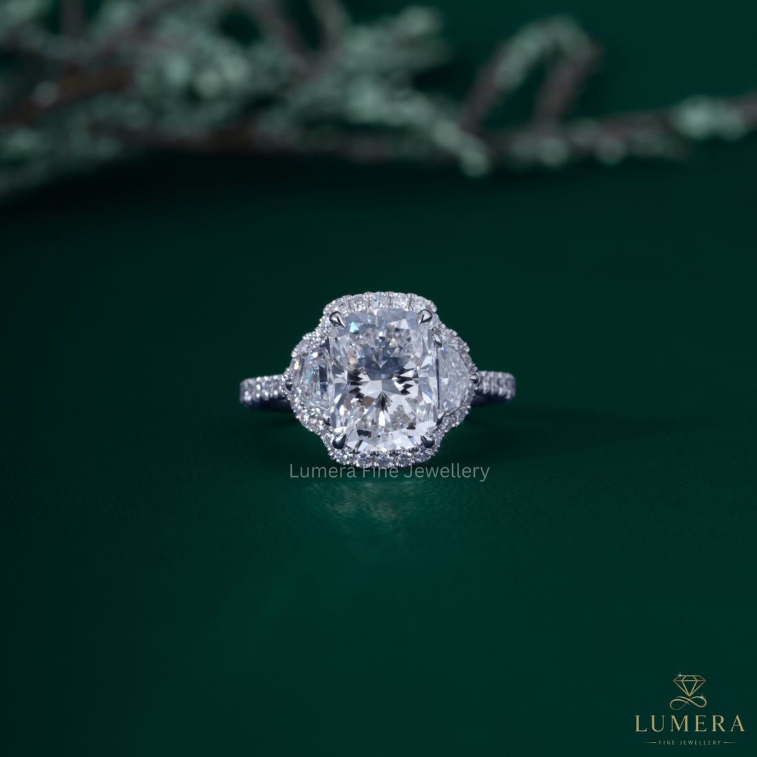 Elongated cushion cut engagement ring with Three stone cushion cut ring.