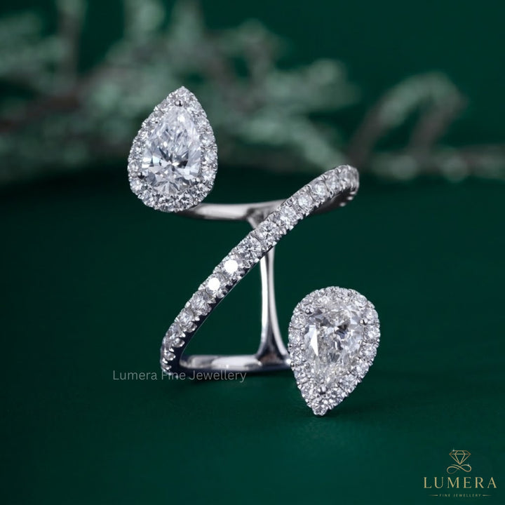 Two stone halo ring with Pear halo ring.