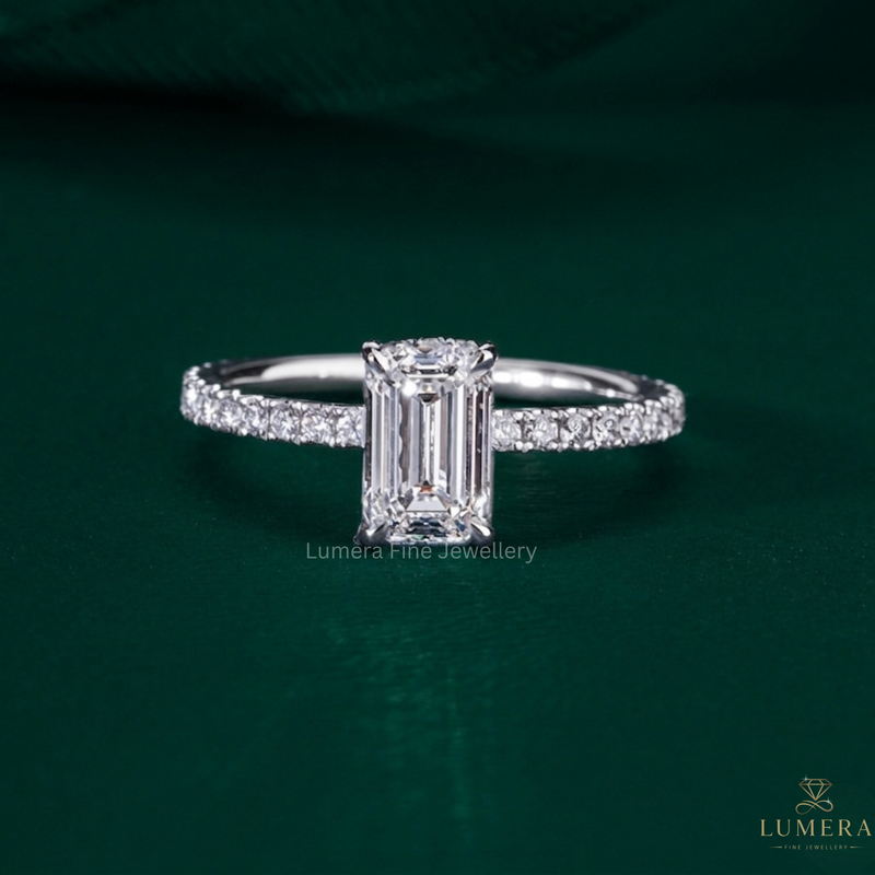 Pave Setting Engagement Ring with Emerald Cut Diamond Ring.
