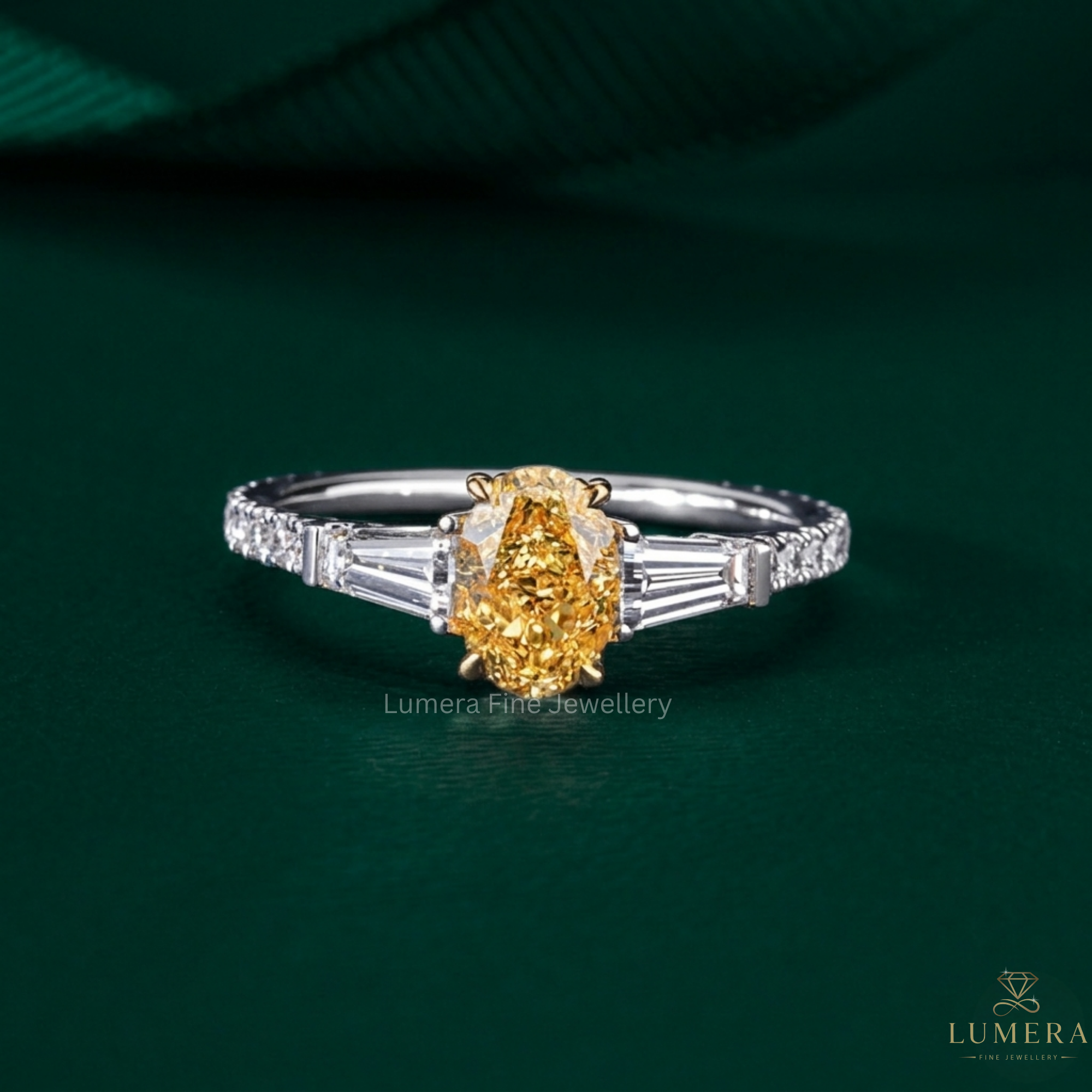 Yellow Diamond Three Stone Ring with oval diamond engagement ring.