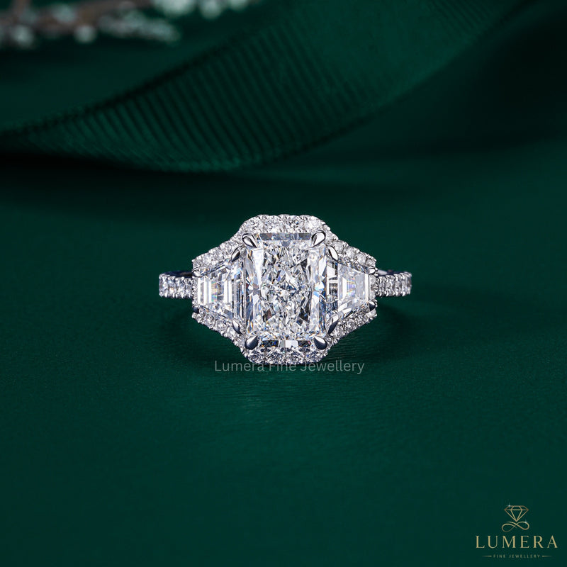 Halo Style Radiant Cut Three Stone Engagement Ring