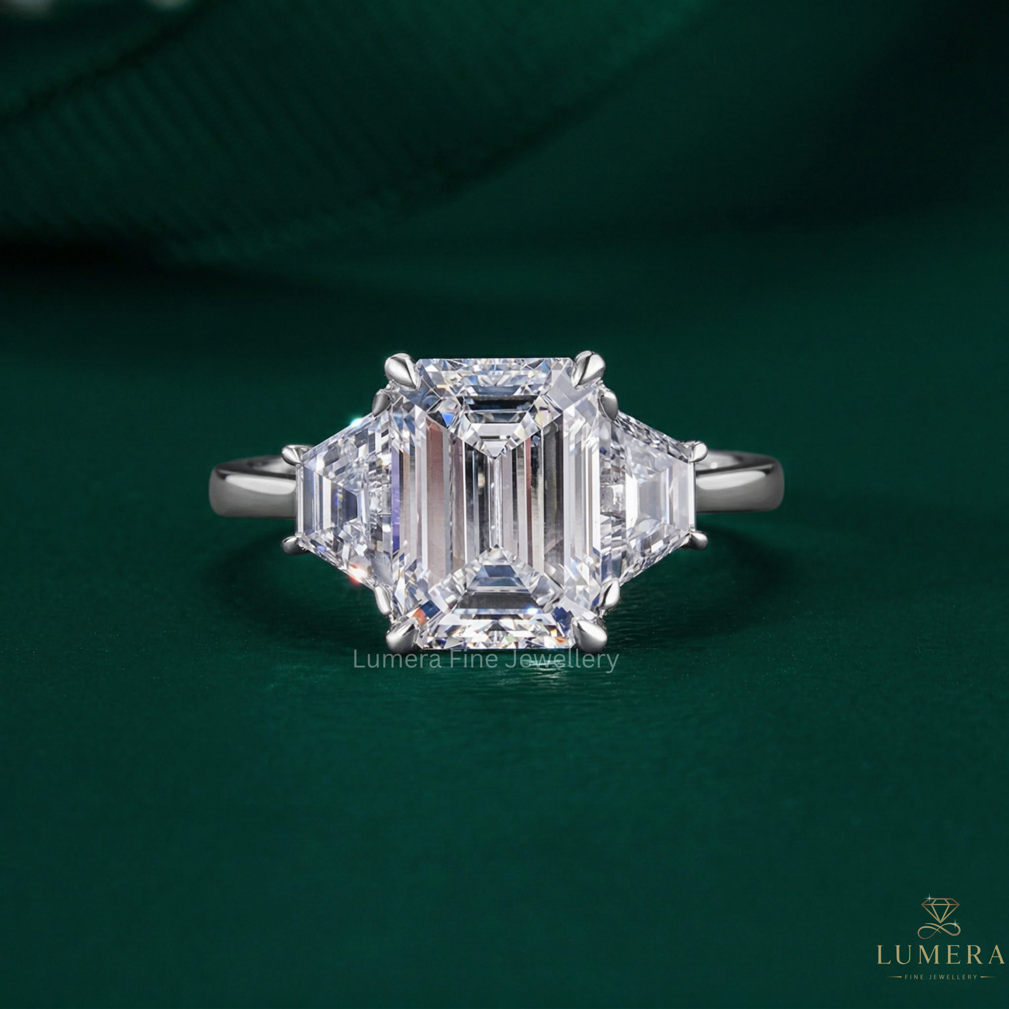 three stone engagement ring with emerald cut diamond ring.
