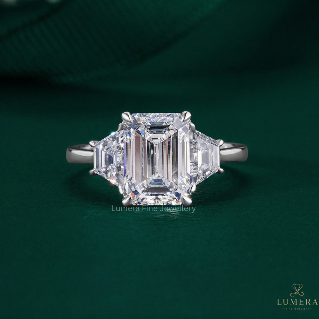three stone engagement ring with emerald cut diamond ring.