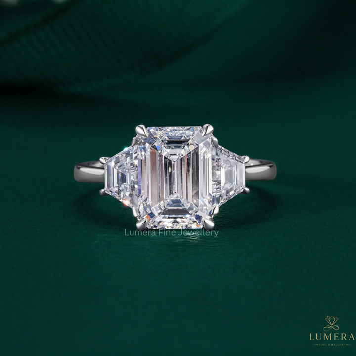 three stone engagement ring with emerald cut diamond ring.