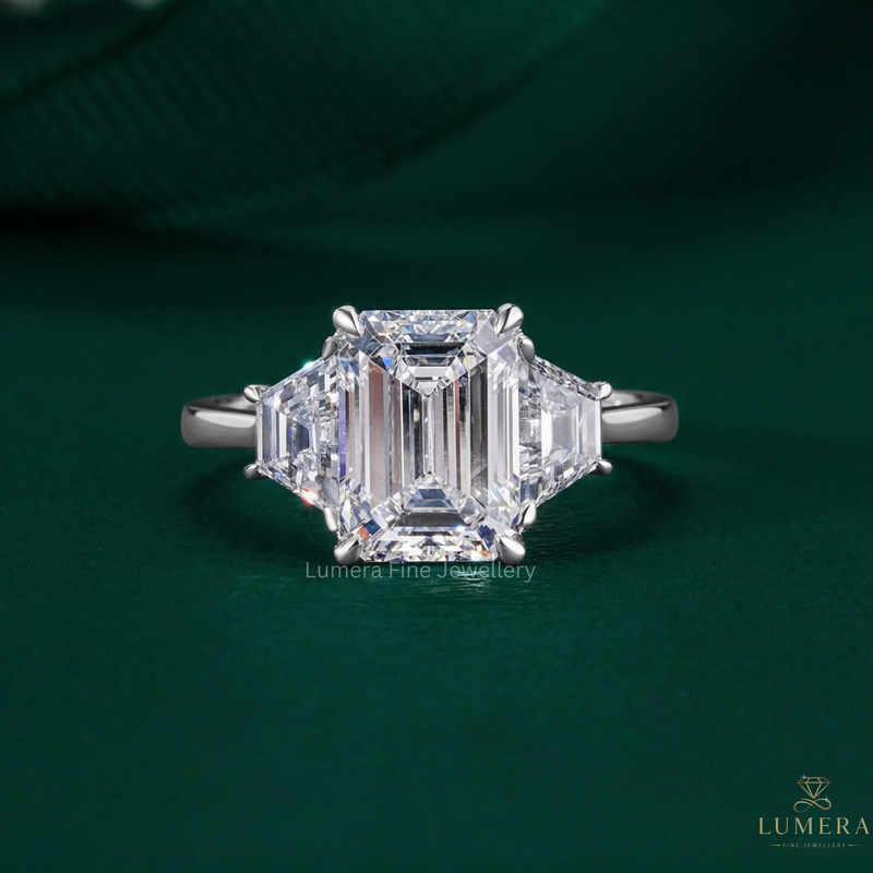 three stone engagement ring with emerald cut diamond ring.