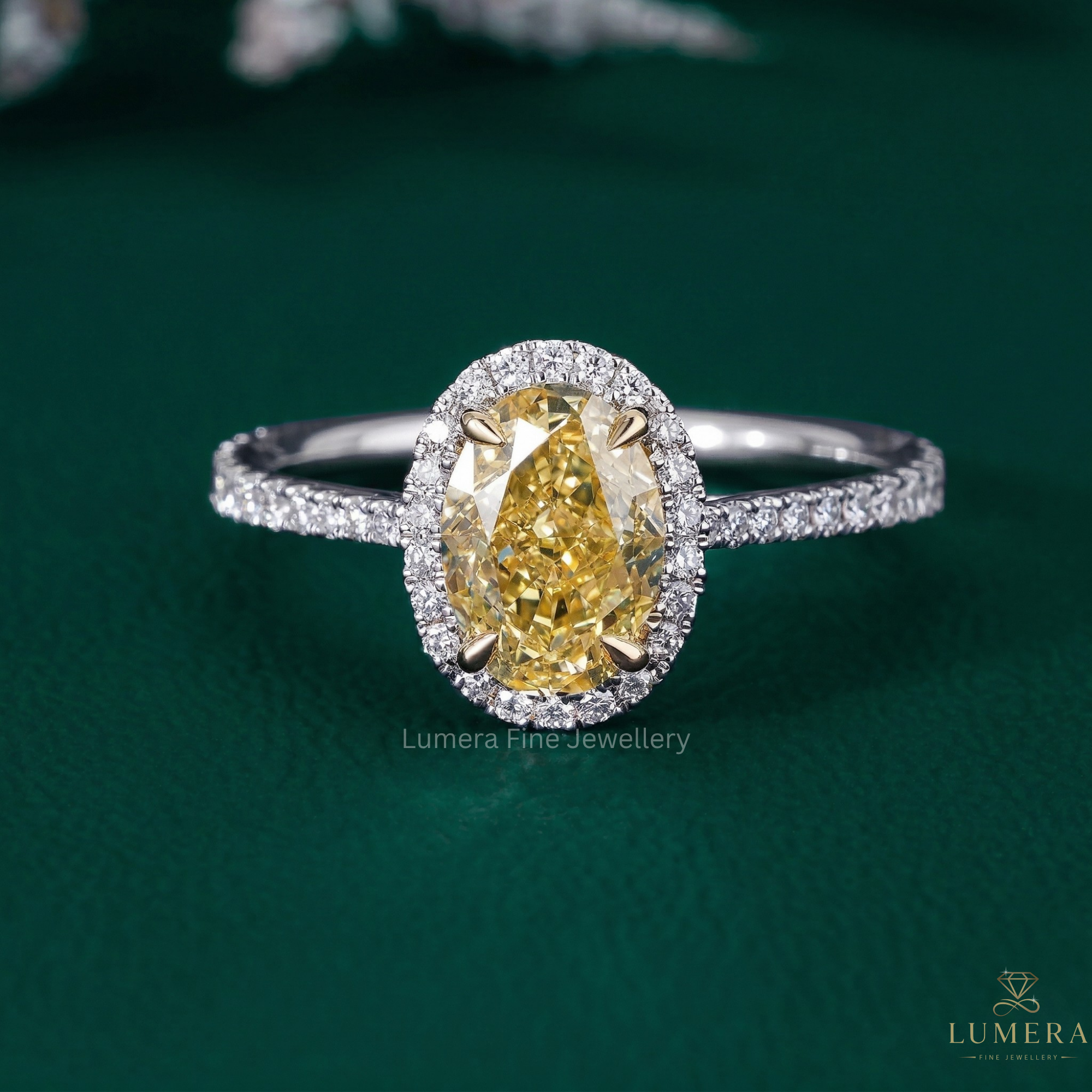 Oval halo engagement ring with Oval yellow diamond ring.