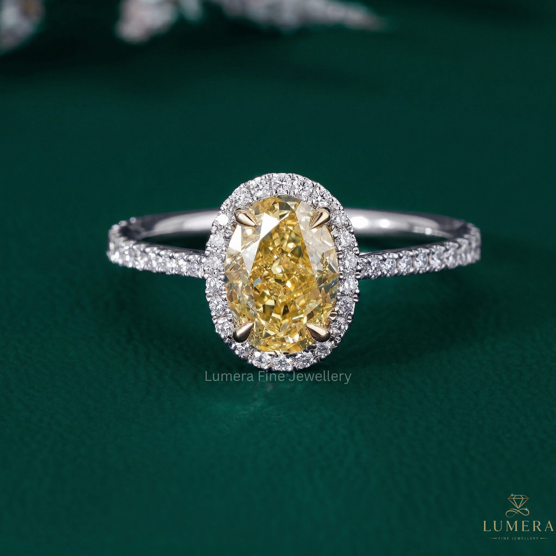 Oval halo engagement ring with Oval yellow diamond ring.