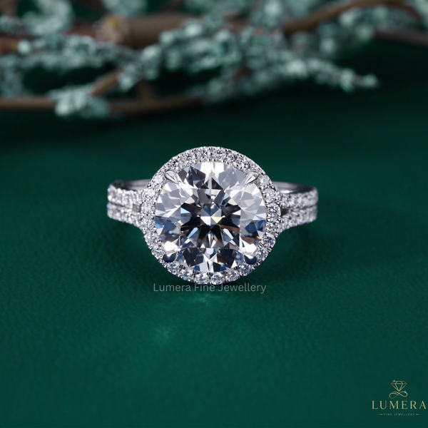 round cut engagement ring with round diamond ring.