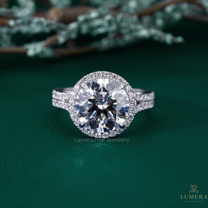 round cut engagement ring with round diamond ring.