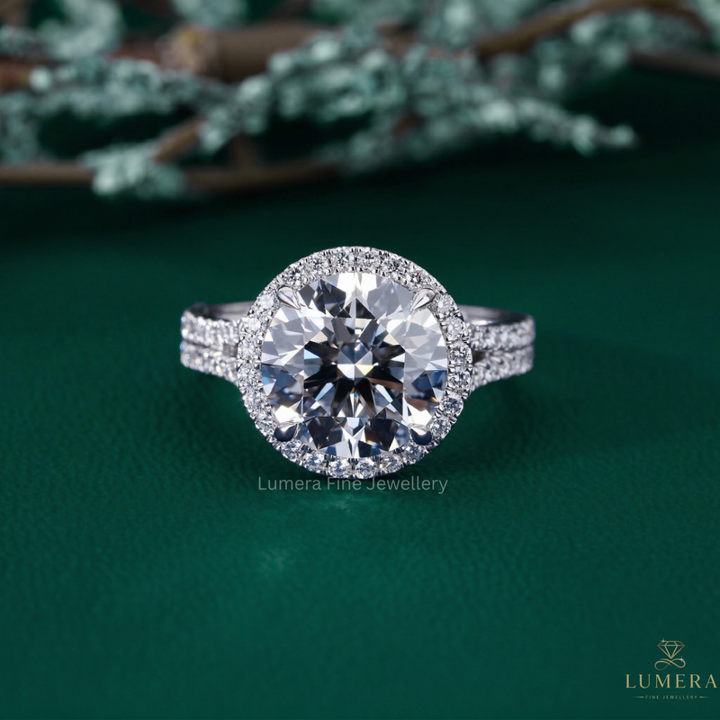 round cut engagement ring with round diamond ring.