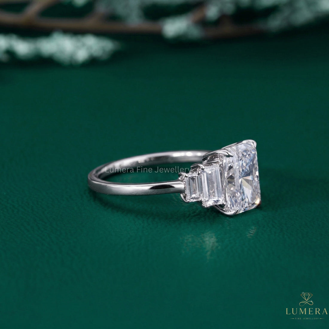 five stone diamond ring with radiant engagement ring.
