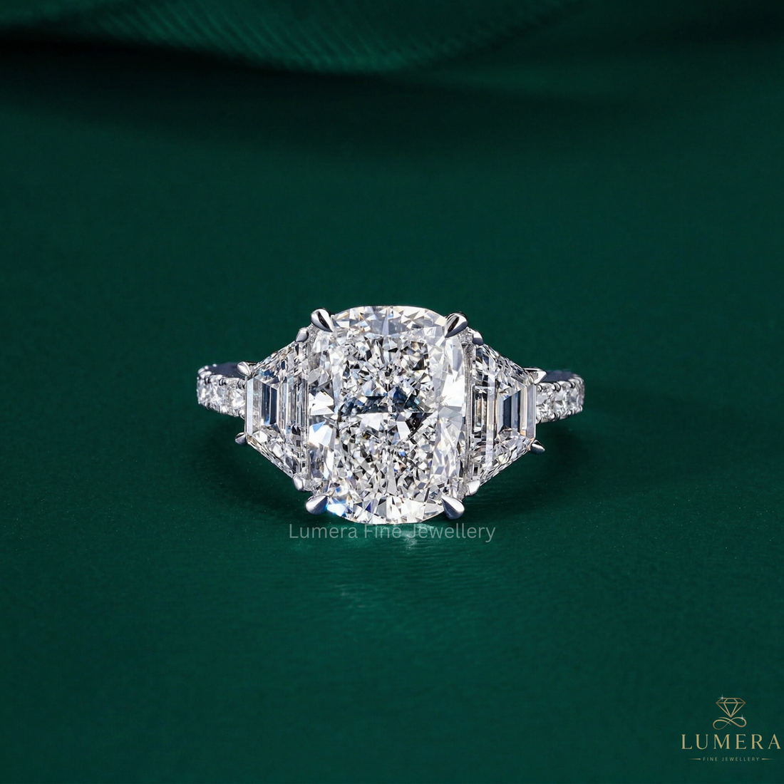 Cushion Cut Engagement Ring with trapezoid side stone.
