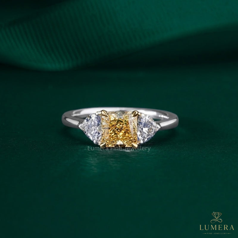 yellow diamond engagement ring with radiant diamond ring.
