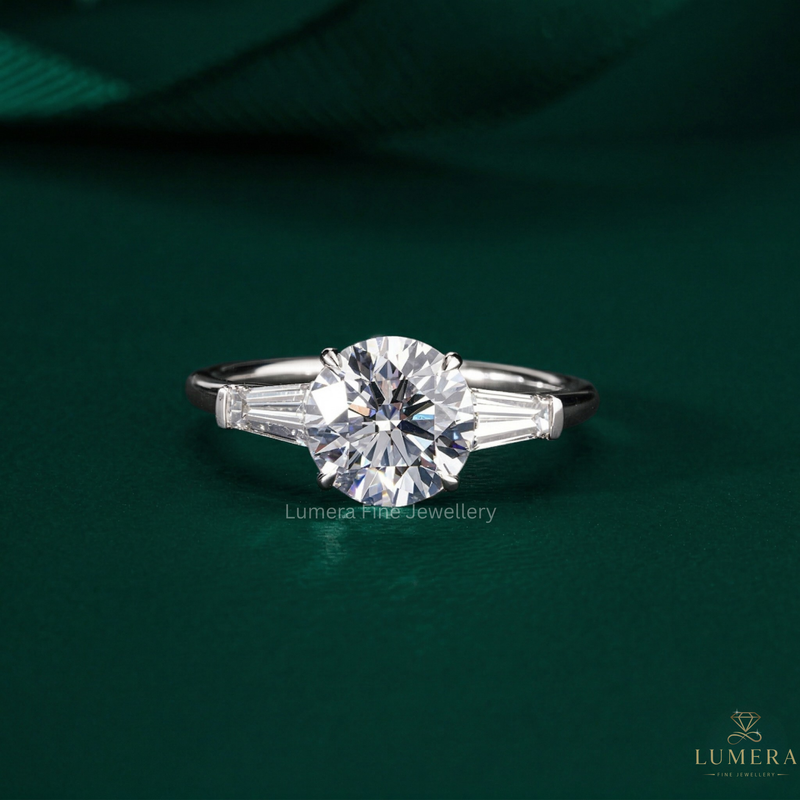 round diamond engagement ring with three stone ring.