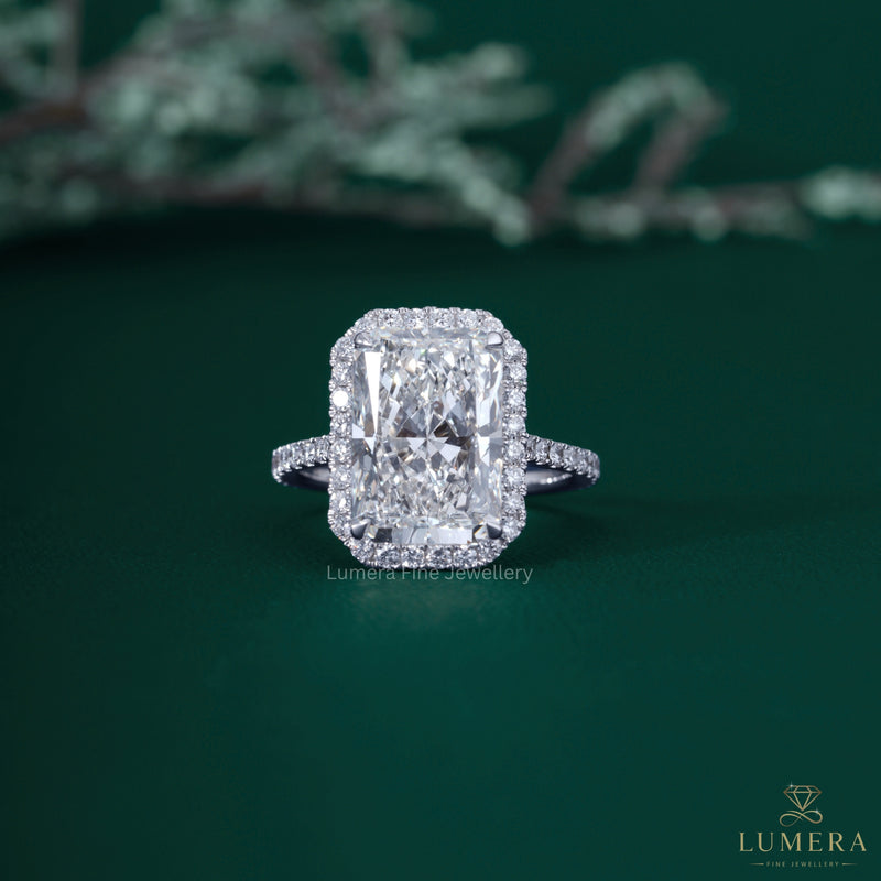 Radiant engagement ring with radiant cut engagement ring.