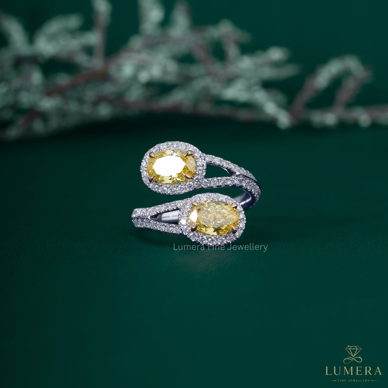 Toi Et Moi Oval Cut Yellow Diamond Engagement Ring In Bypass Setting