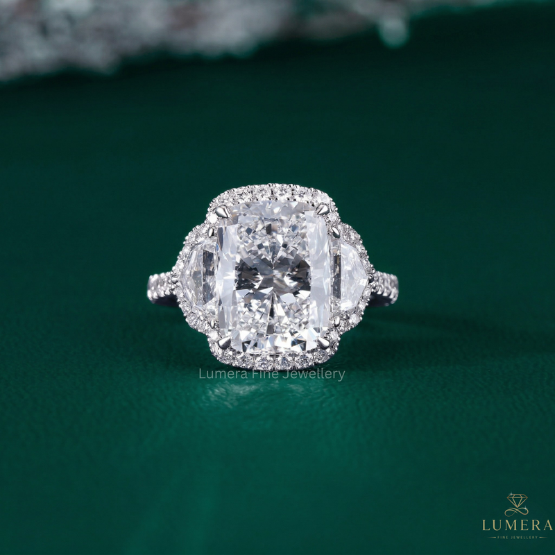 Three Stone Halo Elongated Cushion Engagement Ring
