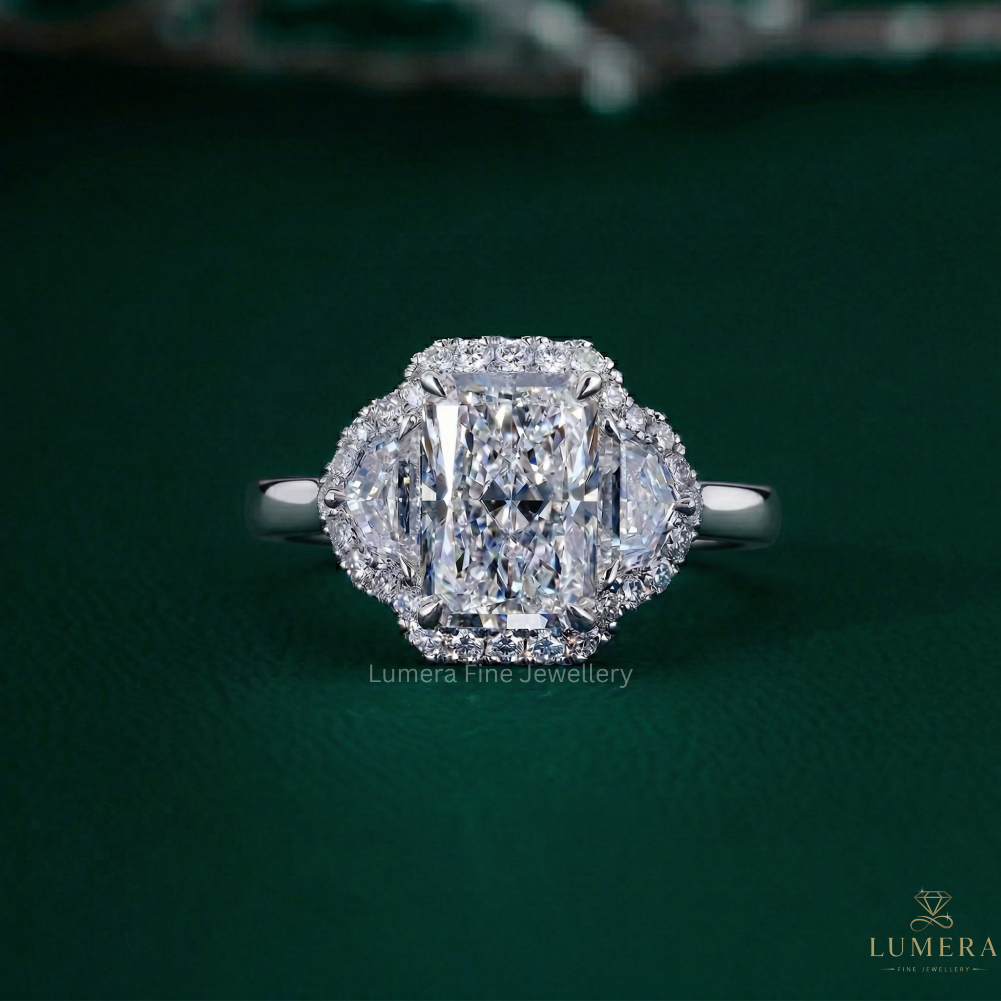 radiant diamond engagement ring with radiant Cadillac side stone.