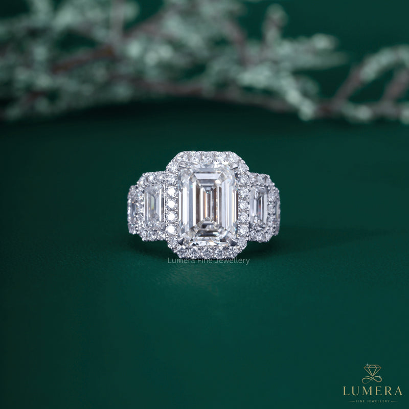 Emerald Cut Five Stone Diamond Ring In Halo Setting