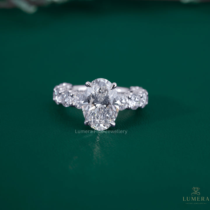Oval shaped engagement ring with oval diamond ring.