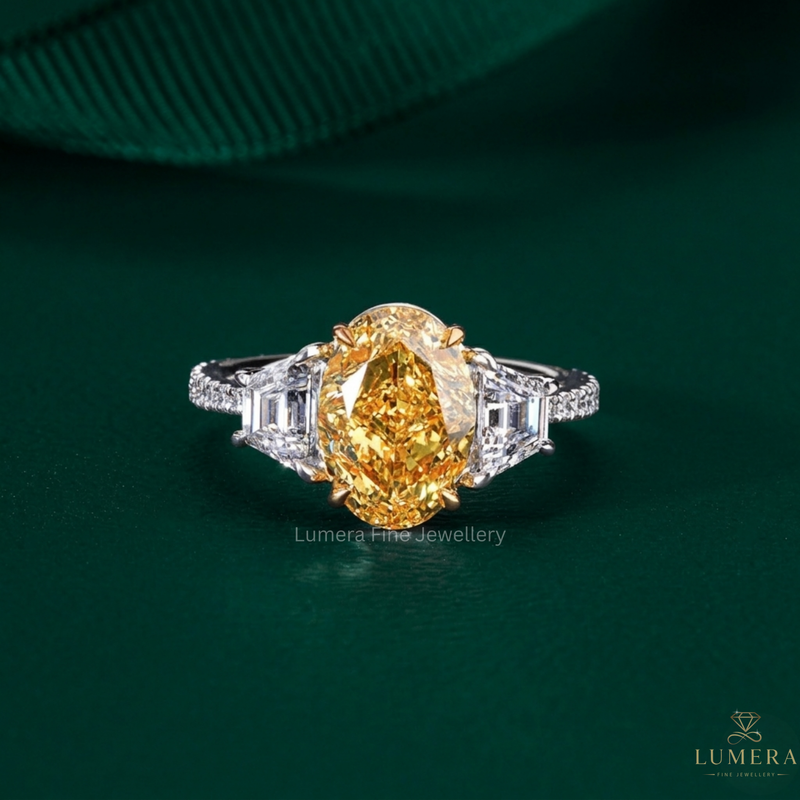 oval shaped diamond ring with yellow engagement ring.
