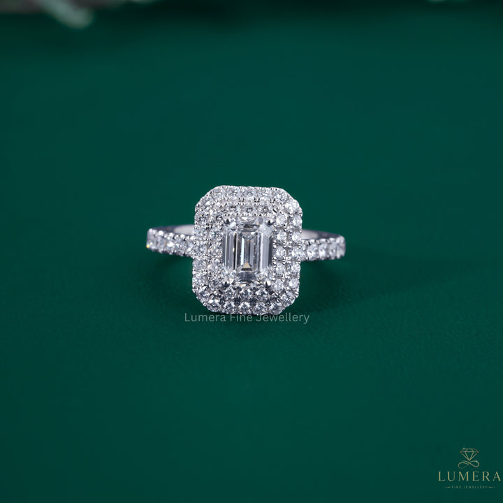 Emerald cut diamond engagement ring with double halo engagement ring.