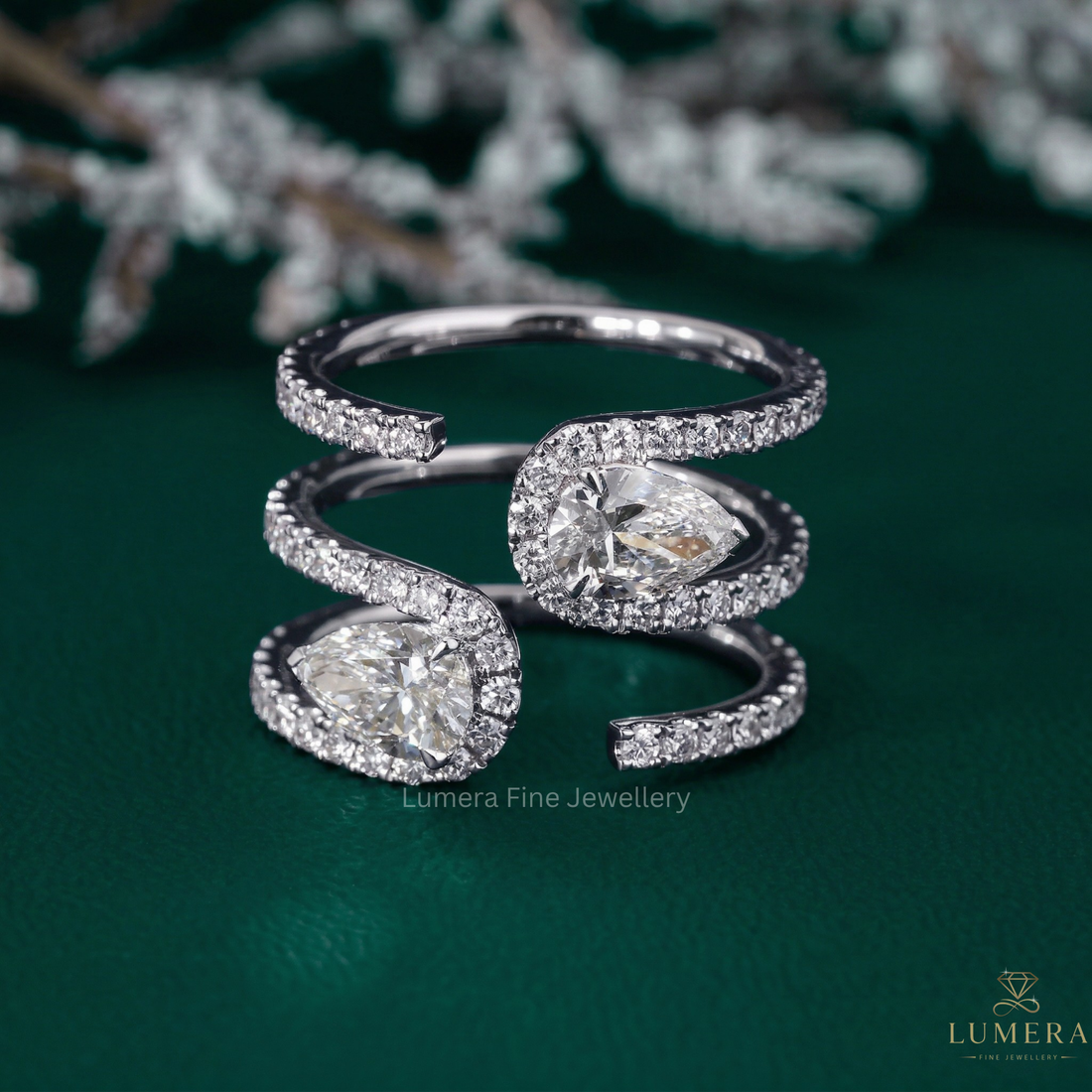 pear shaped wedding band with Two Stone Spiral Diamond Ring.
