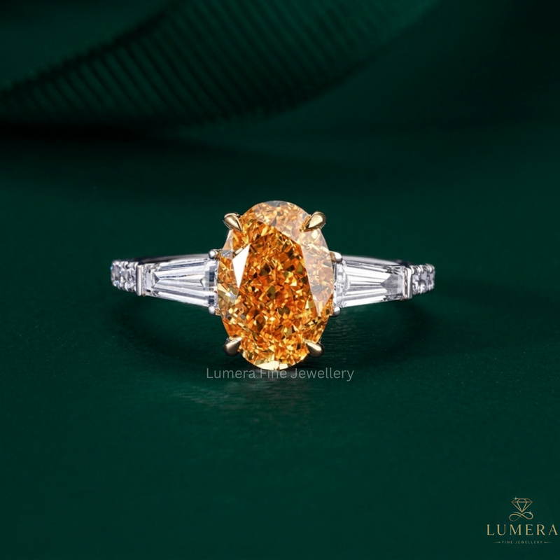 yellow oval cut engagement ring with yellow diamond ring.