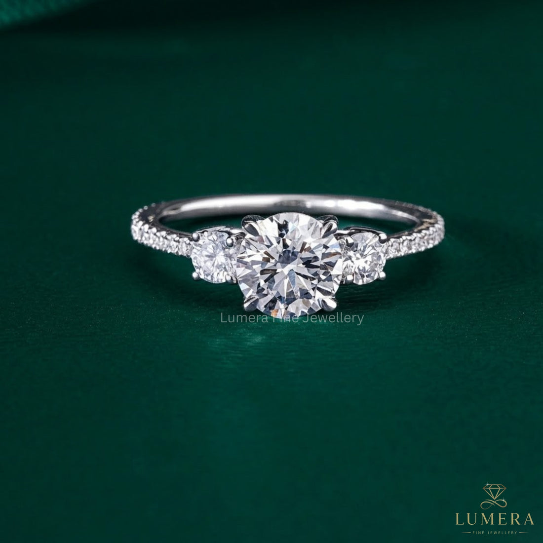 three stone engagement ring with prong setting.
