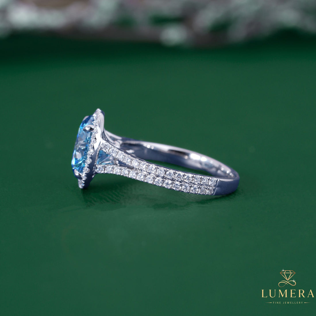 Claw prong setting with solid gold ring.